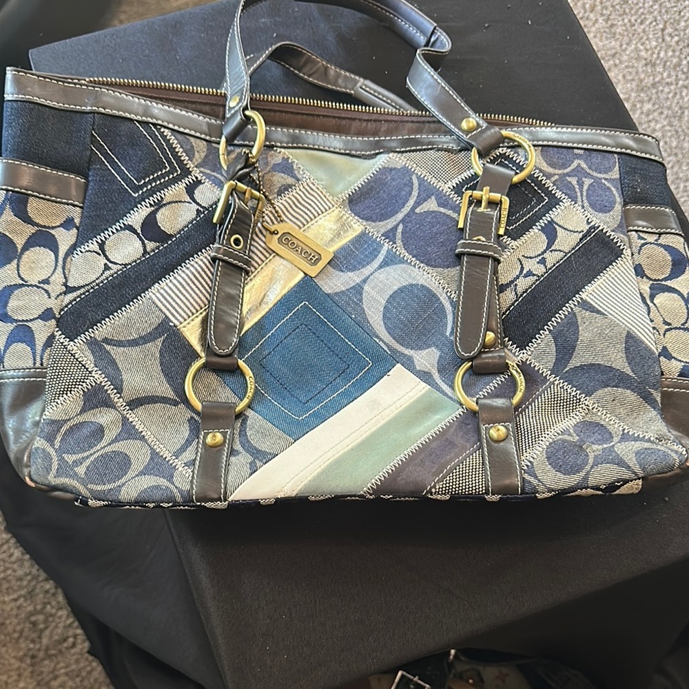 Coach Denim Patchwork Signature Tote (Navy, Blue, Gray, and Brown)